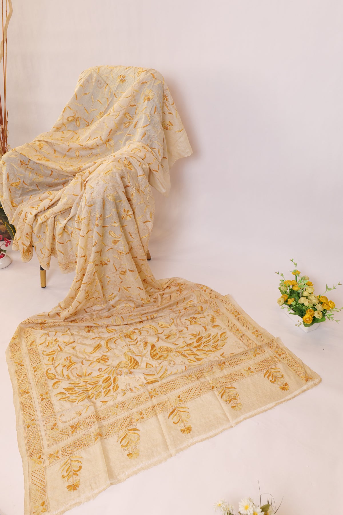 Nirvana~Kantha Saree- Shaded Yellow Embroidery