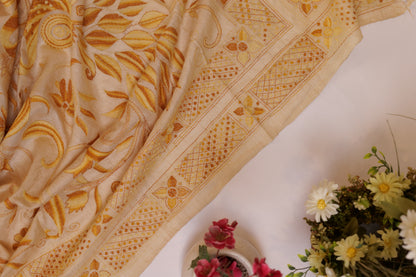 Nirvana~Kantha Saree- Shaded Yellow Embroidery