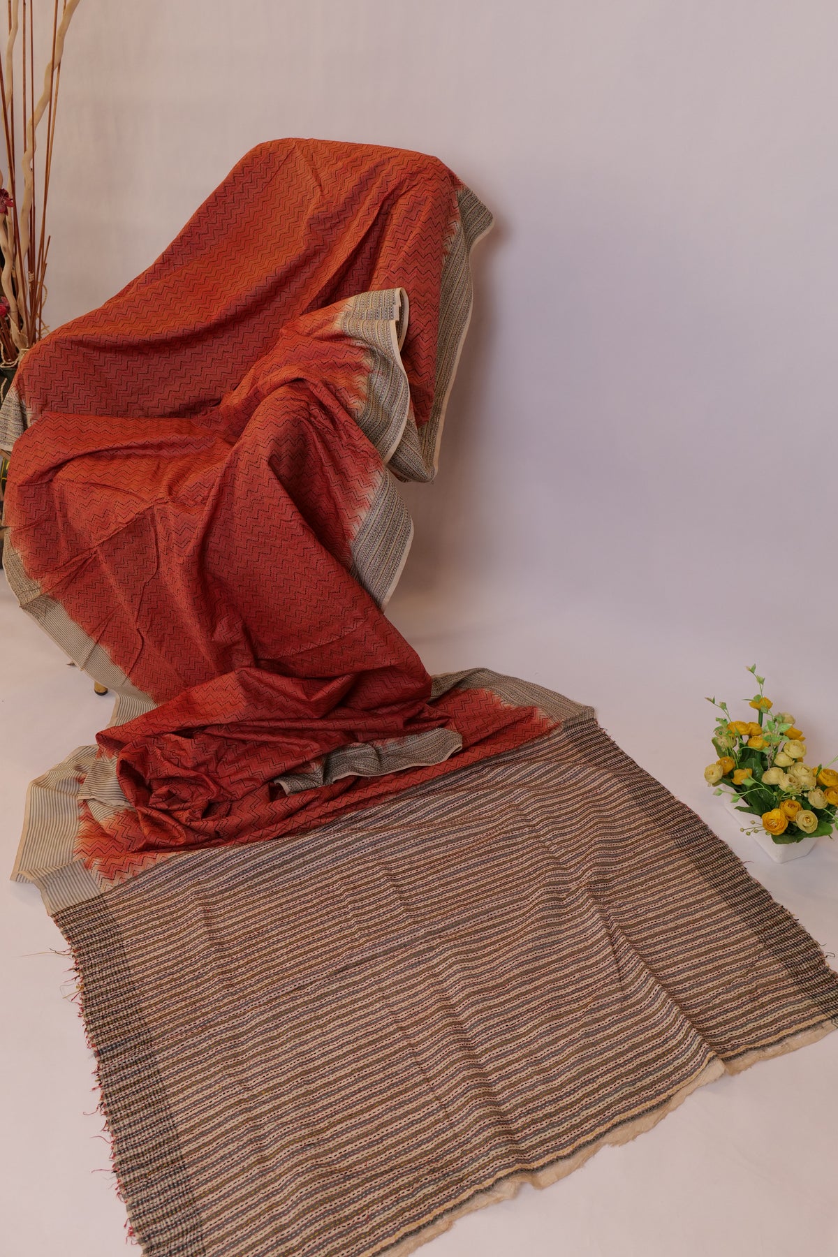 Prerna~Kantha Tussar Saree Rust Off White