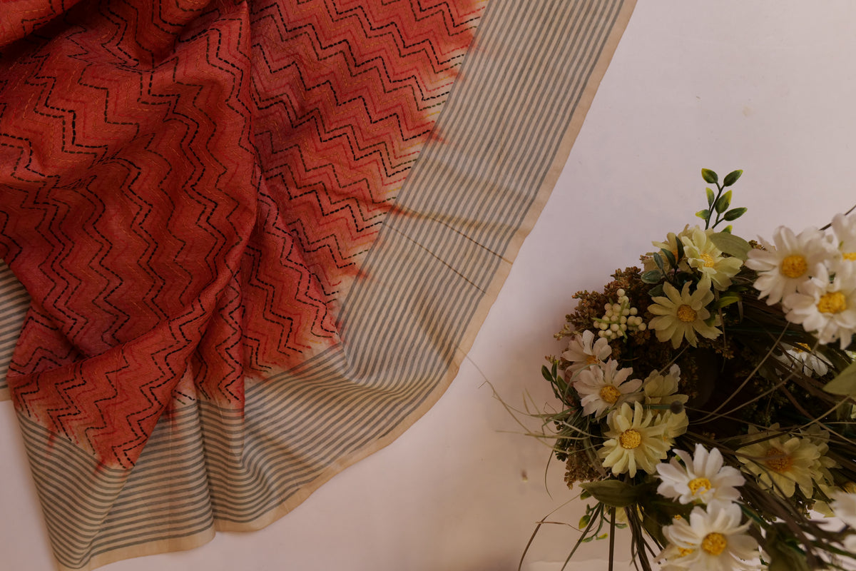 Prerna~Kantha Tussar Saree Rust Off White