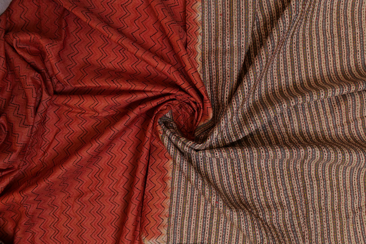 Prerna~Kantha Tussar Saree Rust Off White