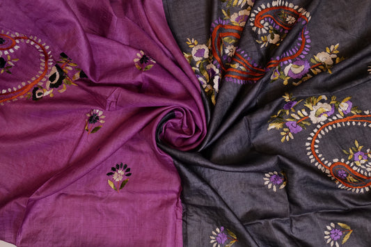 Viveka~Tussar Hand Embroidered Saree Lilac Grey