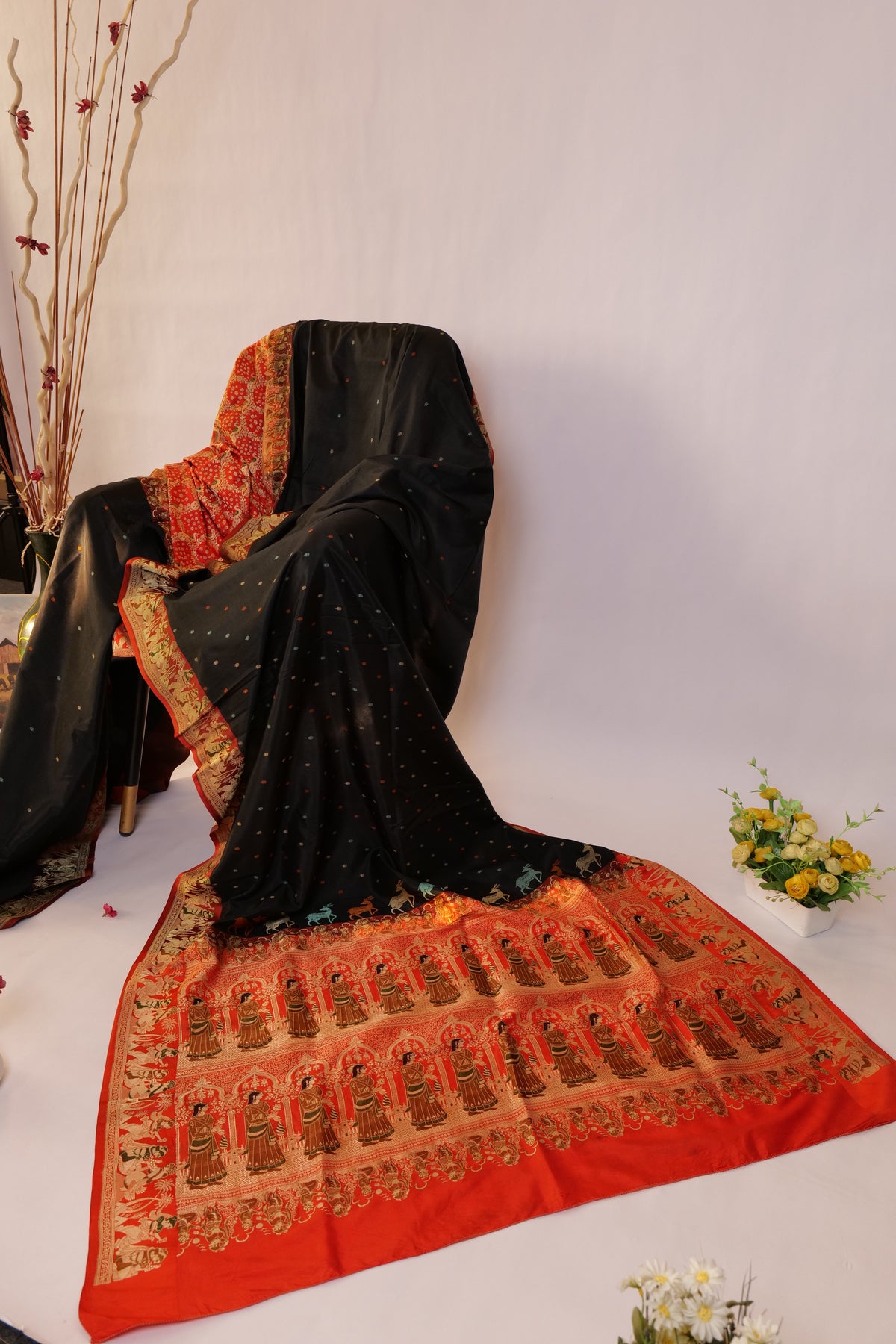 Hridaya~Figurine Banarsee saree Black Orange