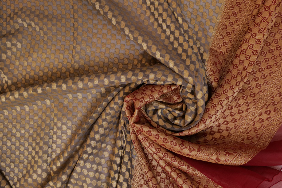 Veena~Khaddi Georgette Banarsee Saree Grey Maroon