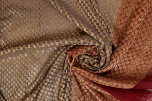 Veena~Khaddi Georgette Banarsee Saree Grey Maroon