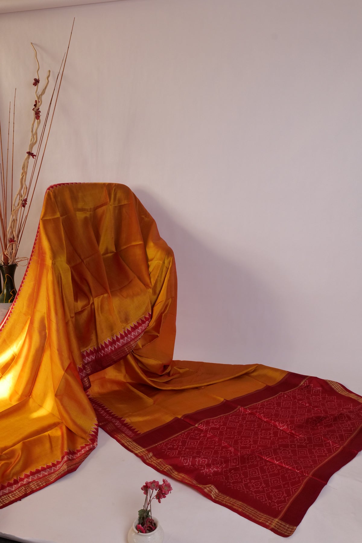 Sundari~Ikkat Saree Yellow Roli Red