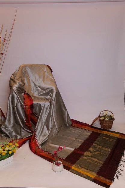 Ikkat Saree Silver & Maroon